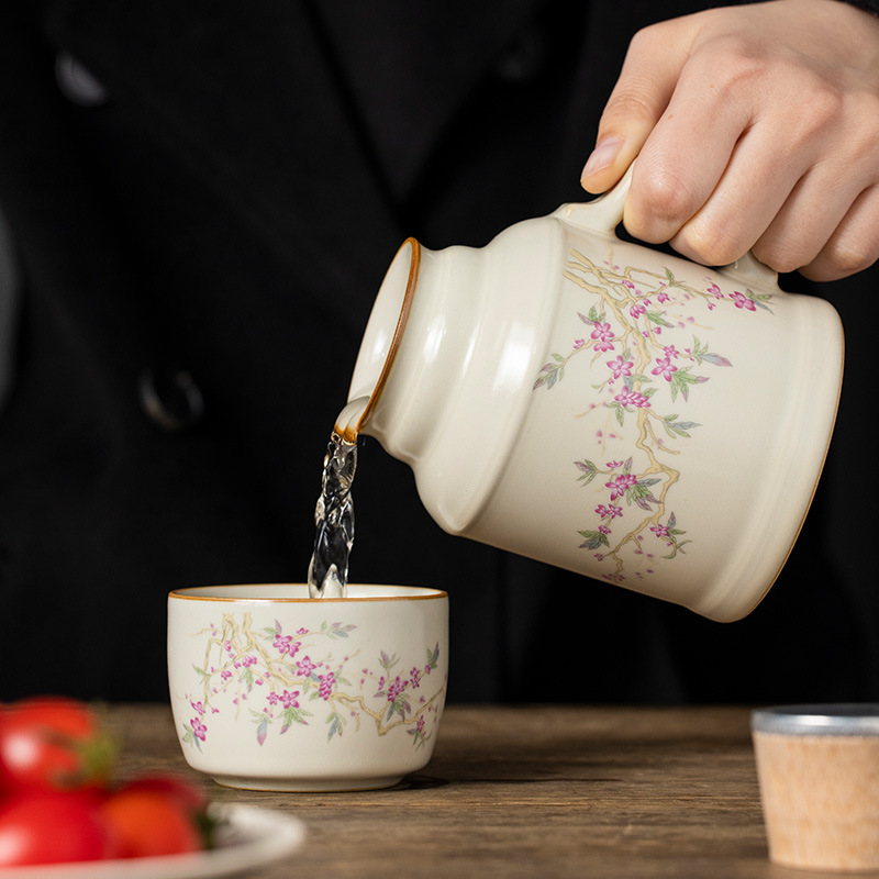 Ấm đun nhỏ bằng bột cành đào Ru Kiln Ấm đun nhỏ bằng gốm pha trà gia dụng ấm đun trà kiểu Trung Quốc có tách trà
