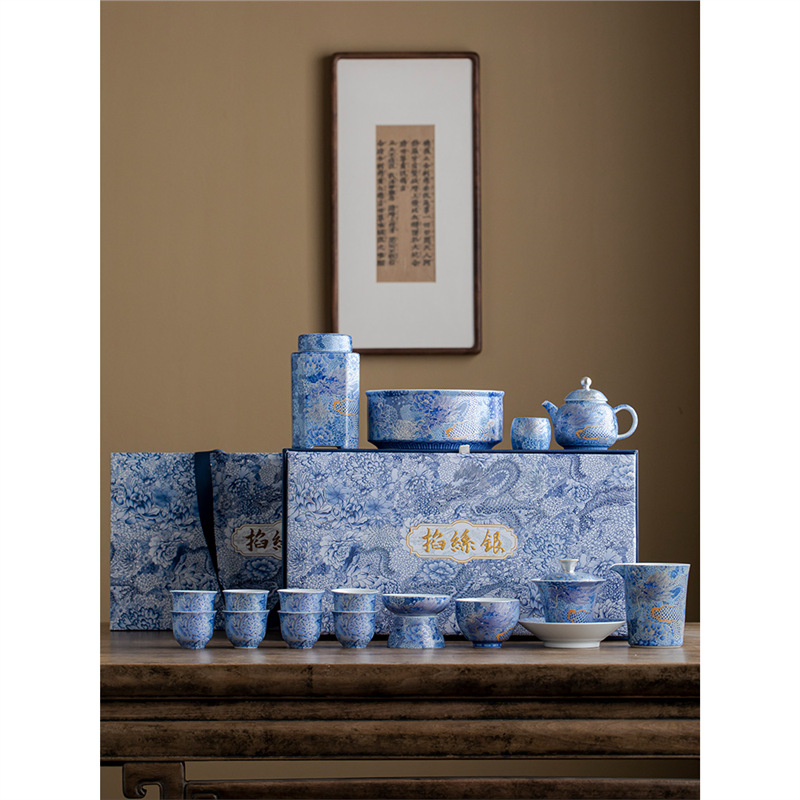 Bộ ấm trà Kung Fu màu xanh và trắng hình rồng bạc cloisonné gia dụng hộp quà trọn bộ men cung đình kiểu Trung Quốc văn phòng
