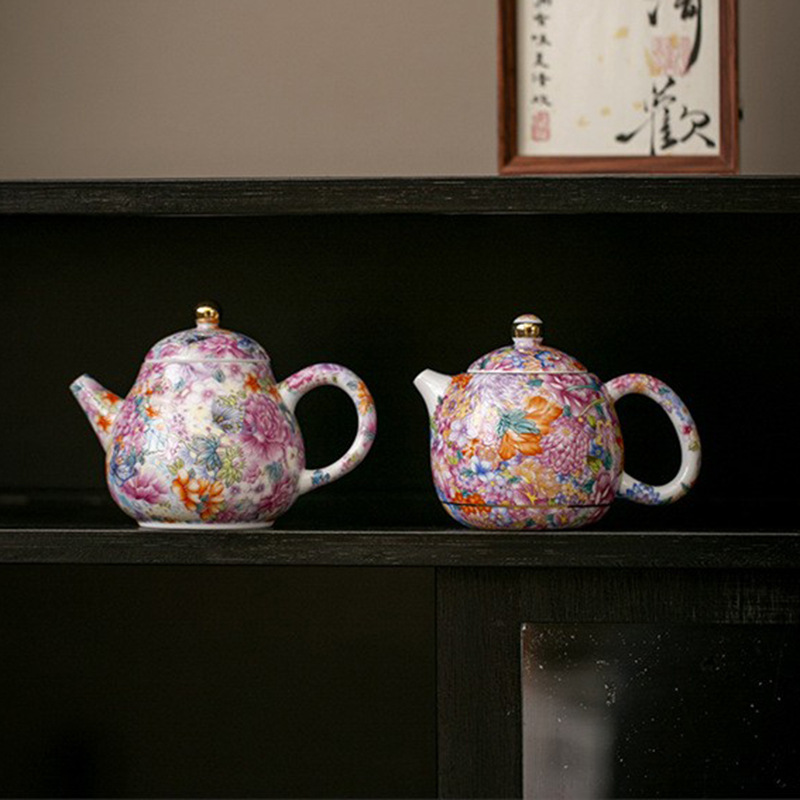 Ấm trà nhỏ tráng men ấm trà đơn ấm trà vạn hoa tươi mát dụng cụ trà Kung Fu đơn ấm trà gốm sứ gia dụng ấm tay cầm