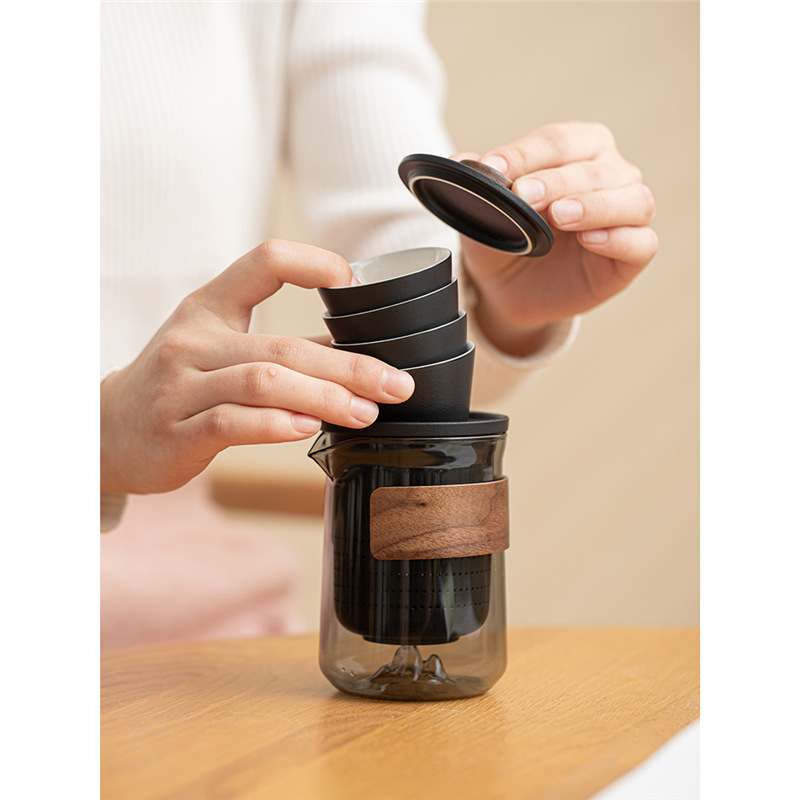 Bộ trà du lịch di động bằng thủy tinh Ấm pha trà ngoài trời cho một người uống nhanh Bộ cốc văn phòng đơn giản