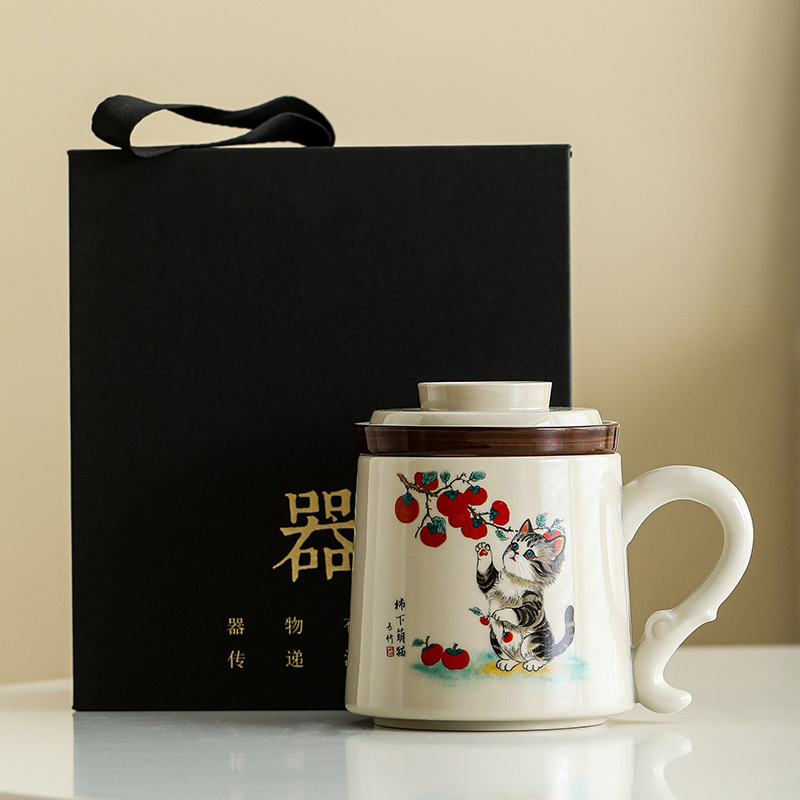 Tách trà gốm hình mèo dễ thương, kiểu dáng đẹp, cốc văn phòng cá nhân có nắp, cốc gia dụng