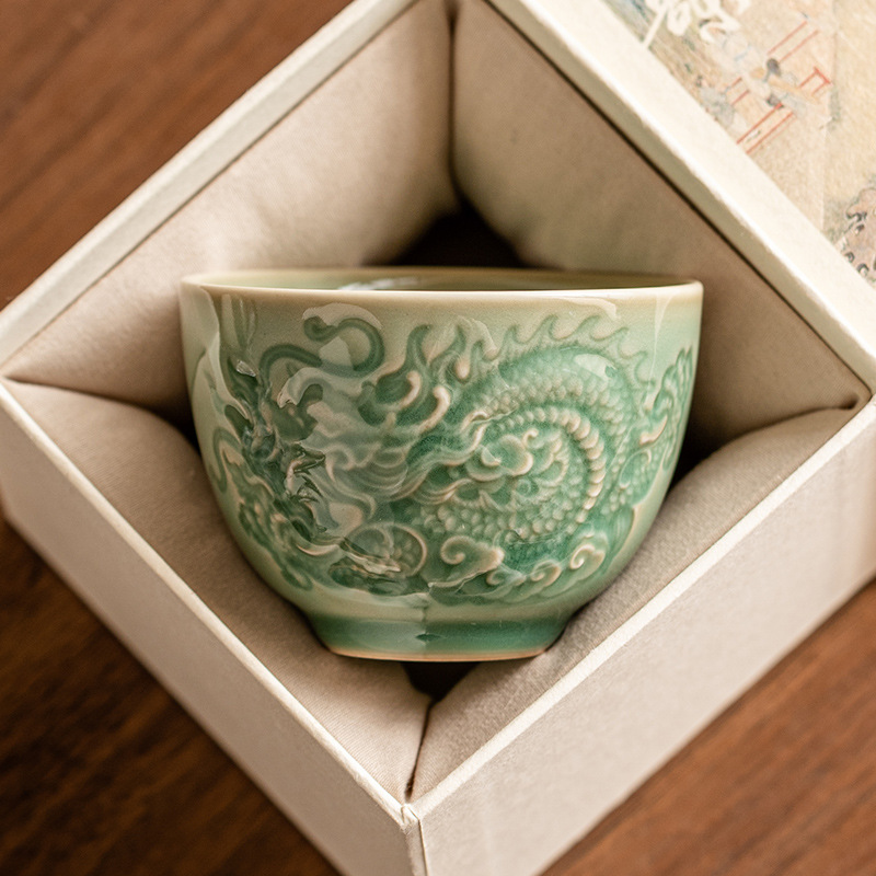 Cốc trà họa tiết rồng chạm nổi tráng men dày đặc, cốc chủ nhân, cốc trà Kung Fu Trung Quốc, cốc bộ trà gốm sứ đơn cao cấp