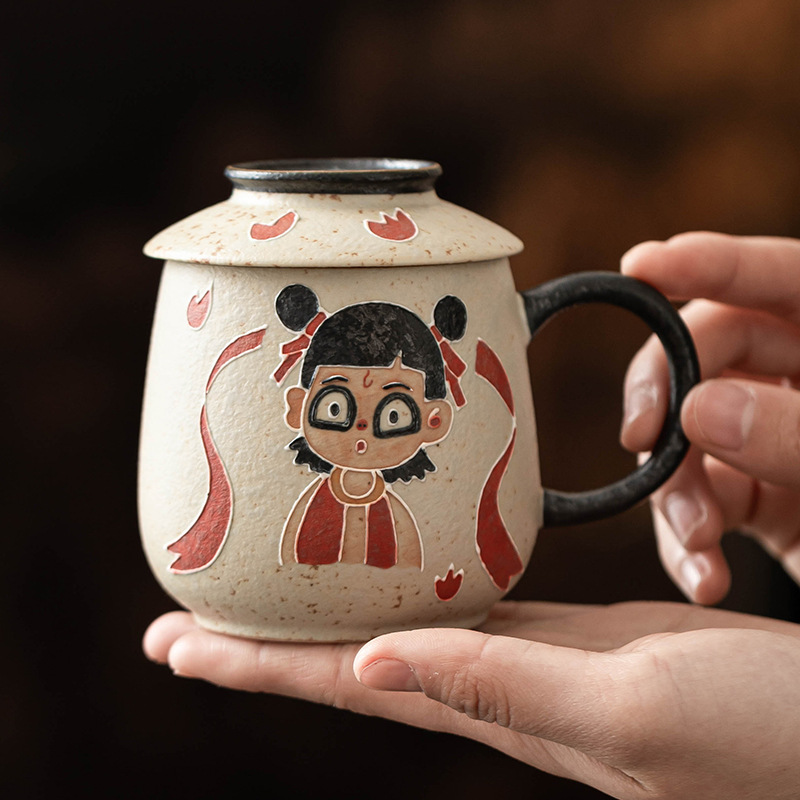 Cốc văn phòng Nezha đỏ đá lửa trắng xanh cốc chuyên dụng cá nhân cao cấp cốc pha trà gốm sứ cốc có nắp cốc nước