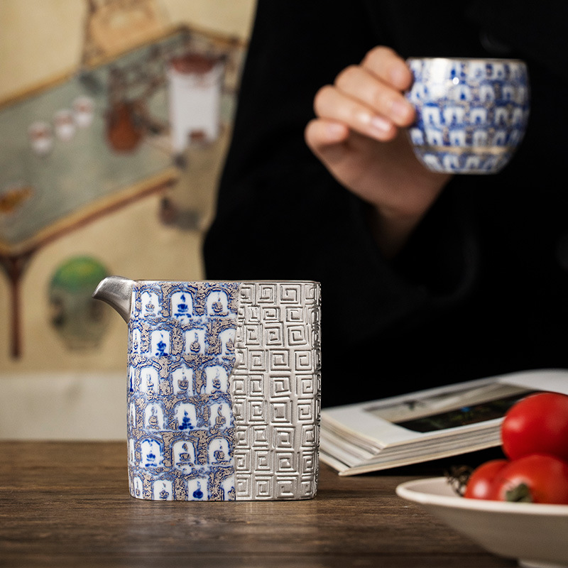 Bộ tách trà bốn phương ngàn phật xanh lam mạ bạc, quà sinh nhật nam nữ lãnh đạo người lớn tuổi, quà tặng khách hàng