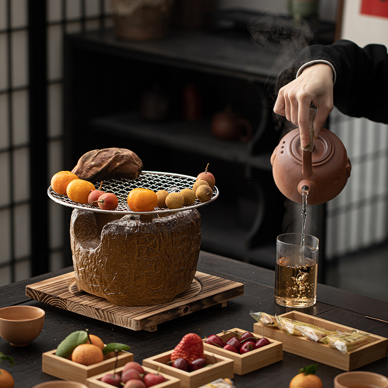 Nấu trà trong lò, bếp than đốt lửa, bếp than đốt, gốm thô, xà nâng bên, nồi đất nung, nhiệt độ nước, bếp than nấu trà, Bộ pha trà