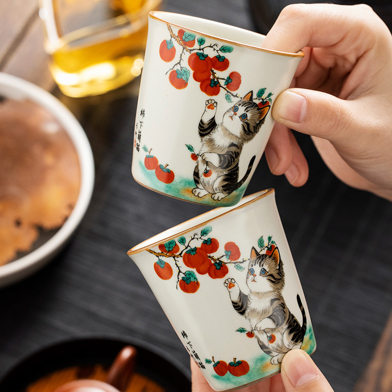 Gốm Ru Lò Nung Hồng Mèo Dễ Thương Tức Thì Cốc Trà Cá Nhân Chủ Cốc Trà Kung Fu Bộ Trà