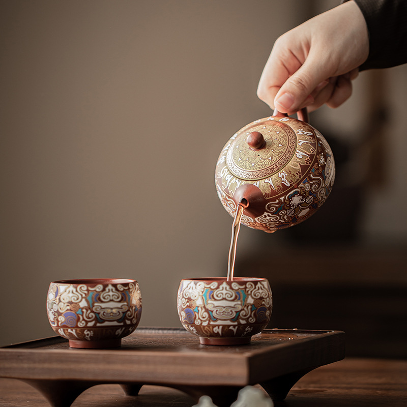 Bộ ấm trà màu tím cát sai màu vàng bạc Đôn Hoàng, ấm Xi Shi, bộ trà gia dụng một ấm hai chén, quà tặng khách hàng