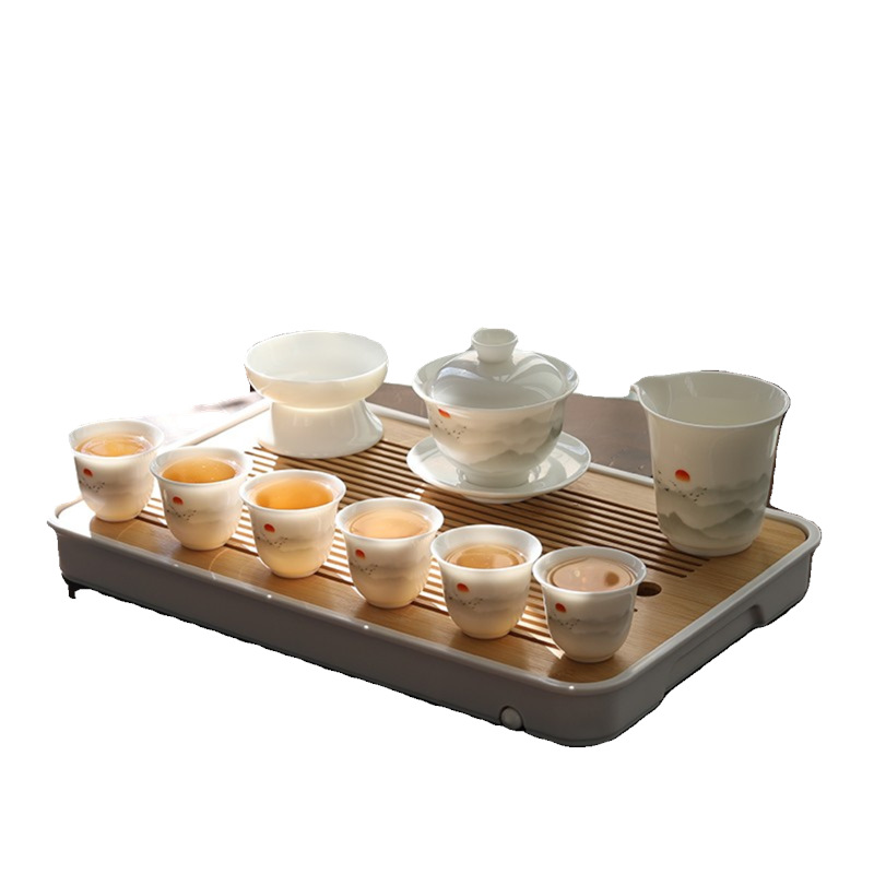 Bộ ấm trà Kung Fu Rising Sun, bát có nắp gốm sứ gia dụng, khay trà đựng nước, cốc trà sứ trắng Đức Hoa, hộp quà cao cấp