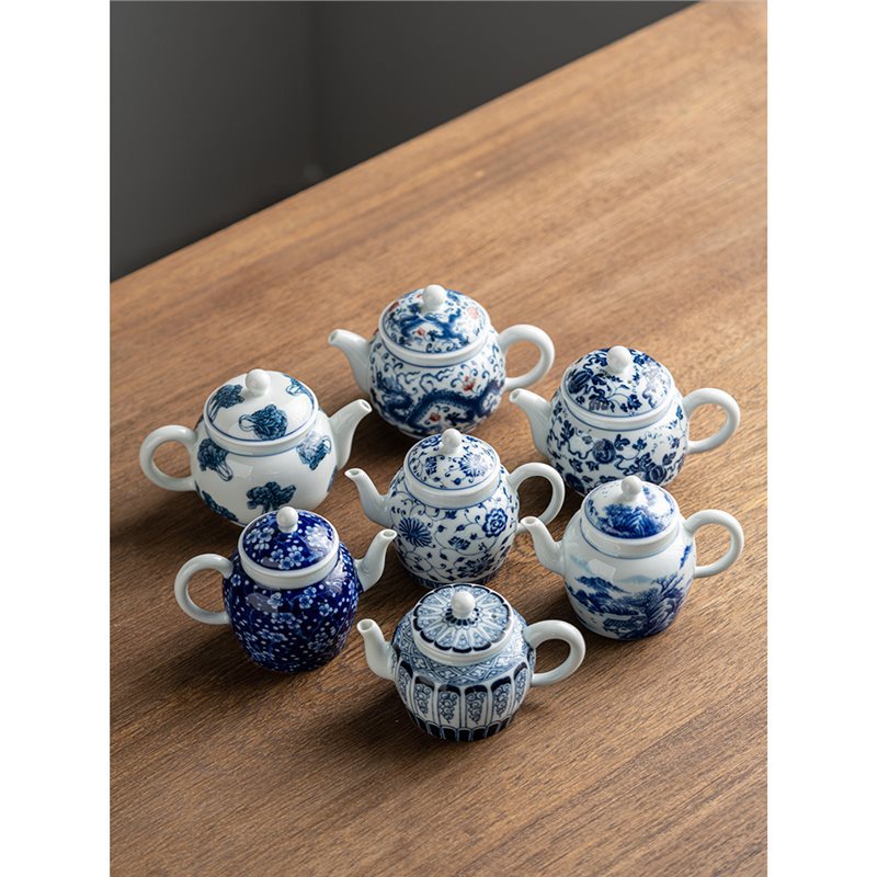 Ấm trà hoa văn phong cảnh sứ trắng xanh tráng men kiểu Trung Quốc dụng cụ pha trà sứ Kung Fu gia dụng ấm đơn mini tráng men