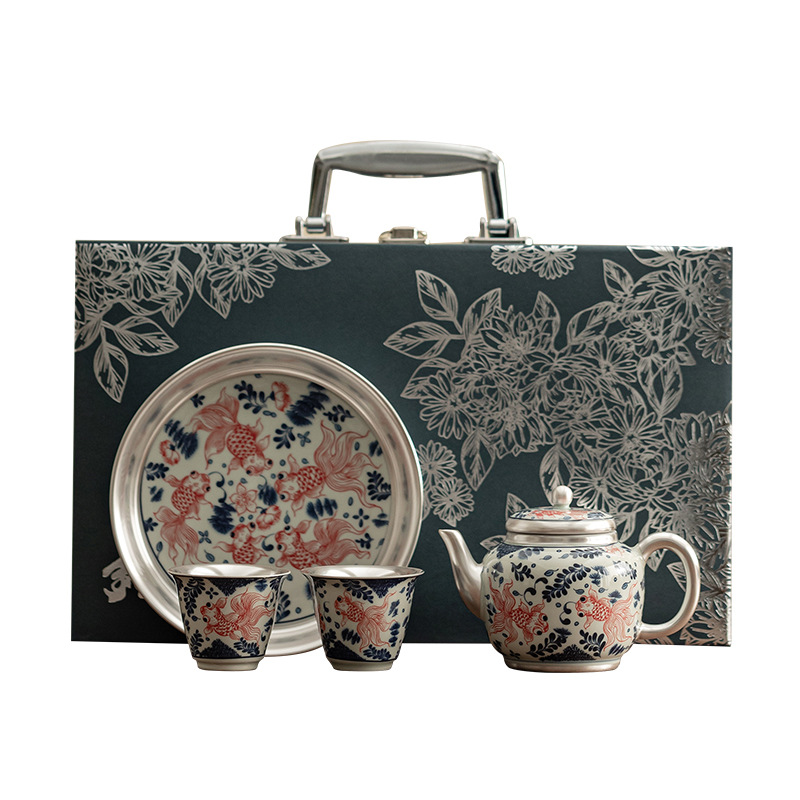Bộ trà một ấm hai tách cá bạc chơi trong nước Bộ trà gốm sứ gia dụng Trung Quốc tặng quà doanh nghiệp cho người lớn tuổi