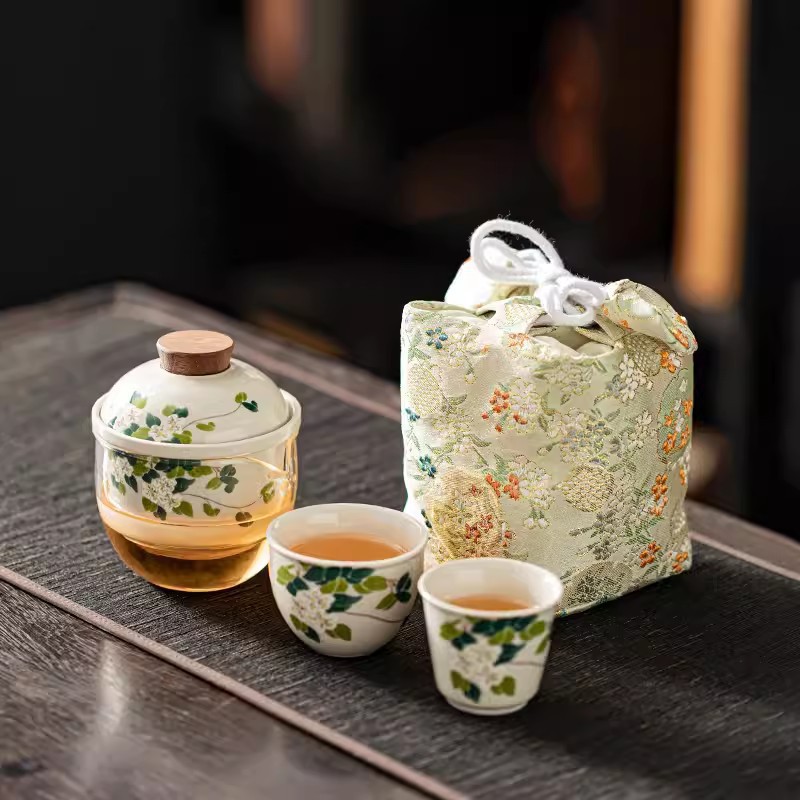 Bộ trà du lịch phong cách quốc gia màu xám cỏ cây lưu trữ cầm tay cắm trại ngoài trời pha trà nhanh khách quà tặng logo tùy chỉnh