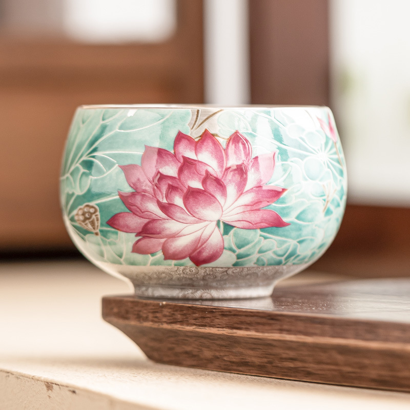 Cốc trà gốm sứ ánh trăng ao sen mạ bạc 999 tách trà cốc chủ nhân cổ điển Trung Quốc cốc trà chuyên dụng cá nhân cốc đơn