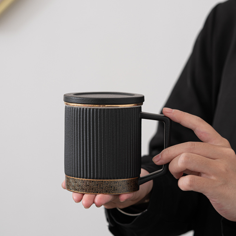 Cốc Mug sọc xanh kiểu Nhật Cốc pha trà tách trà có nắp Gốm Cốc uống nước công suất lớn cho văn phòng cá nhân