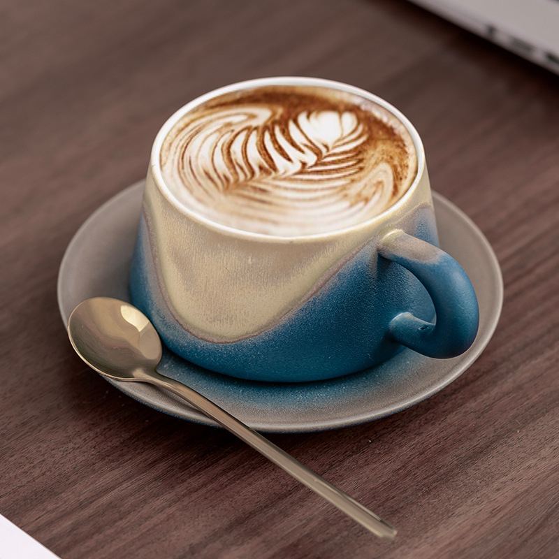Bộ cốc và đĩa cà phê lò nung, cốc và đĩa, cốc gốm cao cấp tinh tế cao cấp, cốc cà phê latte sang trọng nhẹ nhàng, quà lưu niệm