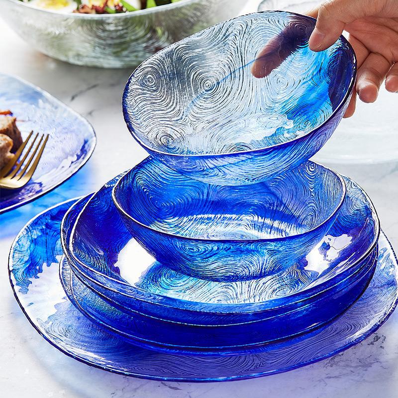[Giảm giá thông quan đặc biệt] Đĩa thủy tinh có giá trị cao Đĩa thực phẩm Bát salad trái cây sáng tạo gia dụng Đĩa phẳng Đĩa sâu