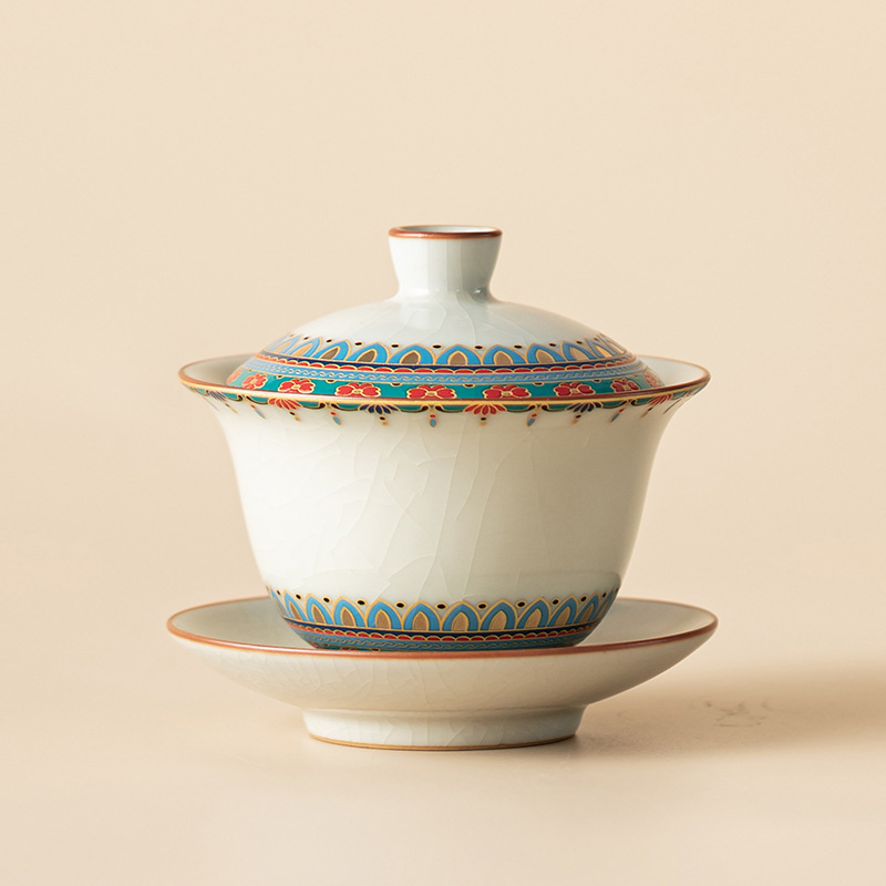 Ruyao Đôn Hoàng Baoxianghua Chén trà Ba tài có nắp, gốm sứ có thể cất giấu và nâng cao Bộ trà Kung Fu Bát trà có nắp