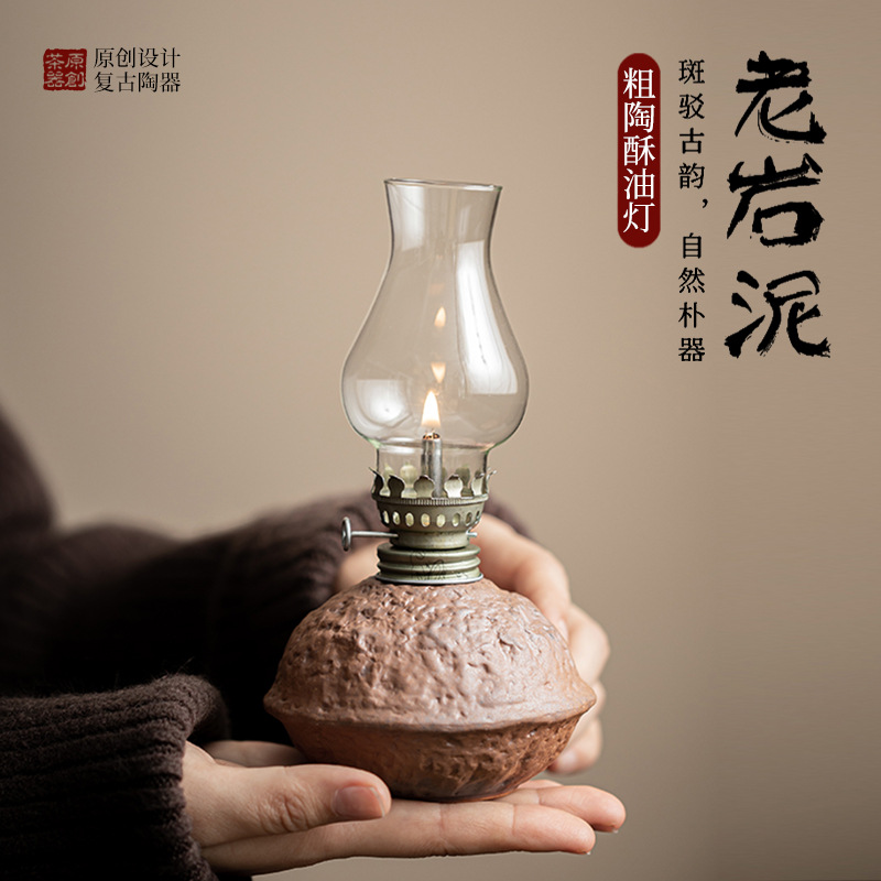 Đèn bơ gốm thô cổ điển phụ kiện bộ trà bùn đá cũ đồ trang trí trang trí để bàn nhà phòng trà đèn ngủ