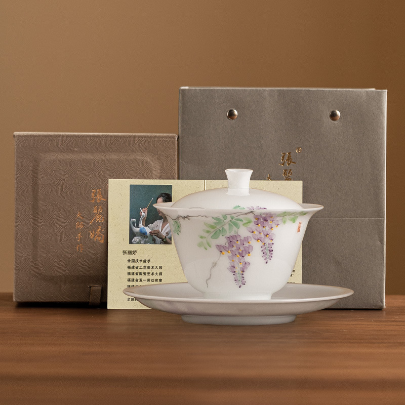 Nhà máy Master Zhang Lijiao, mỡ cừu nướng chay, sứ ngọc bích, bát có nắp ba tài năng, bộ trà Kung Fu cao cấp, hộp quà, bát pha trà
