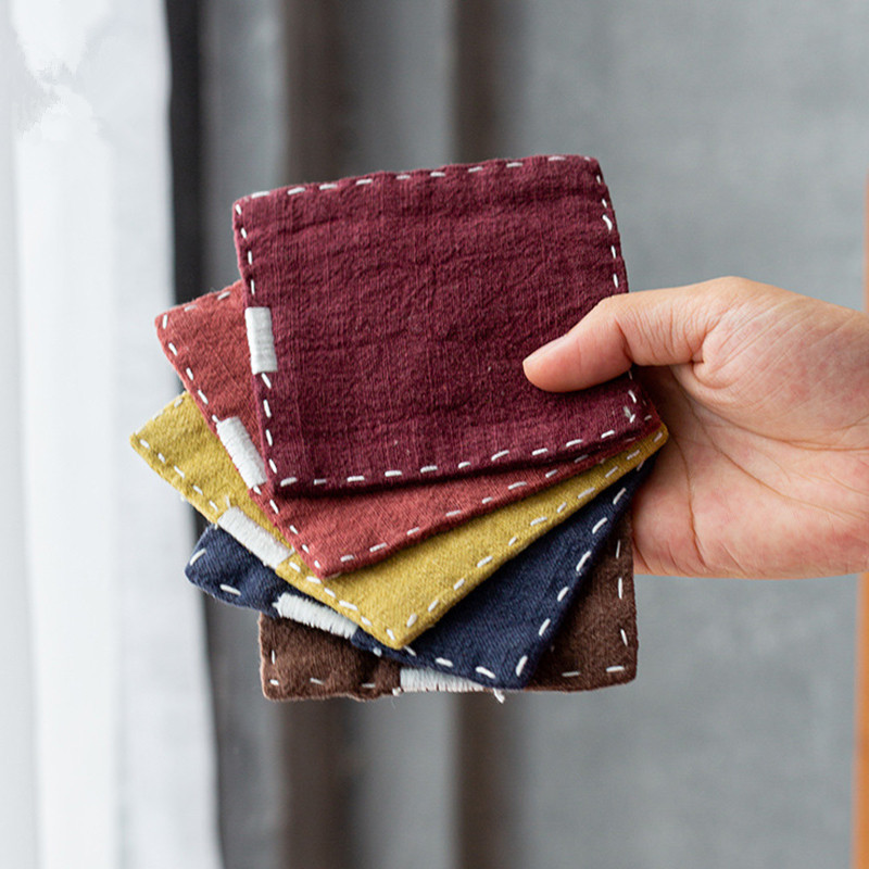 Lót cốc Vải lanh Cotton Zen kiểu Nhật, lót tách trà vải gai thêu tay, lót cách nhiệt, phụ kiện trà đạo, giá đỡ cốc vuông