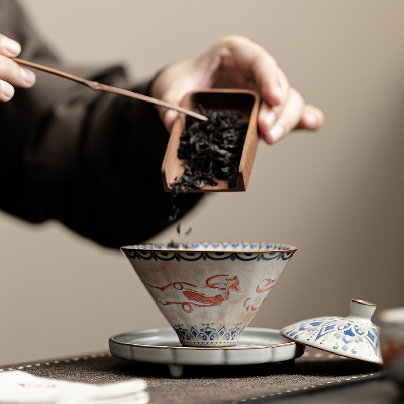 Dunhuang Feitian Mũ Nắp Bát Giả Song Ru Lò Sancai Nắp Bát Gia đình Gốm sứ Kung Fu Bộ trà Bát trà Hộp quà