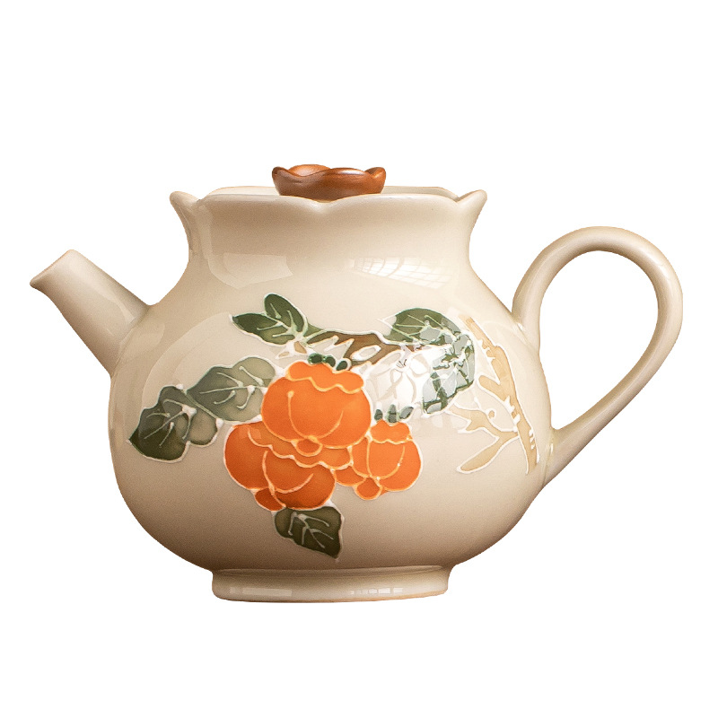 Vẽ tay quả hồng, quả hồng, nụ hoa, đống, bộ ấm trà gốm sứ chạm khắc, ấm đơn, dụng cụ pha trà Kung Fu gia dụng không nóng