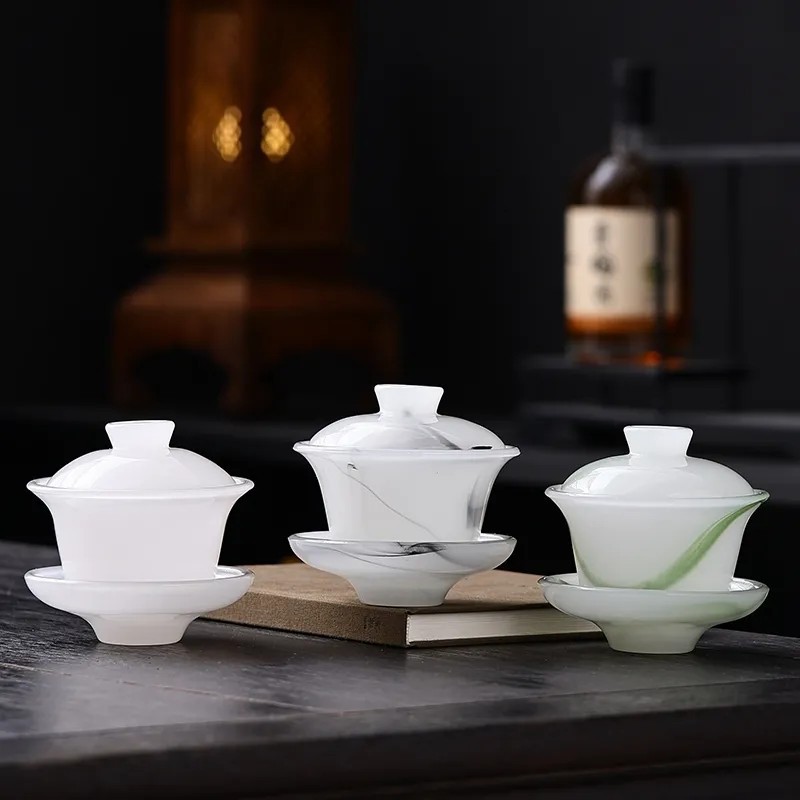 Bát có nắp tam tài tráng men gia dụng bộ trà kungfu văn phòng đơn cao cấp bát trà sứ ngọc tráng men cỡ lớn bán buôn