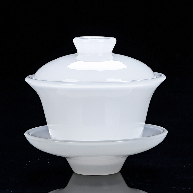 Cốc trà có nắp thủy tinh cốc trà đơn cao cấp lớn bát ba tài công phu bát trà sứ ngọc trắng bộ trà cầm tay