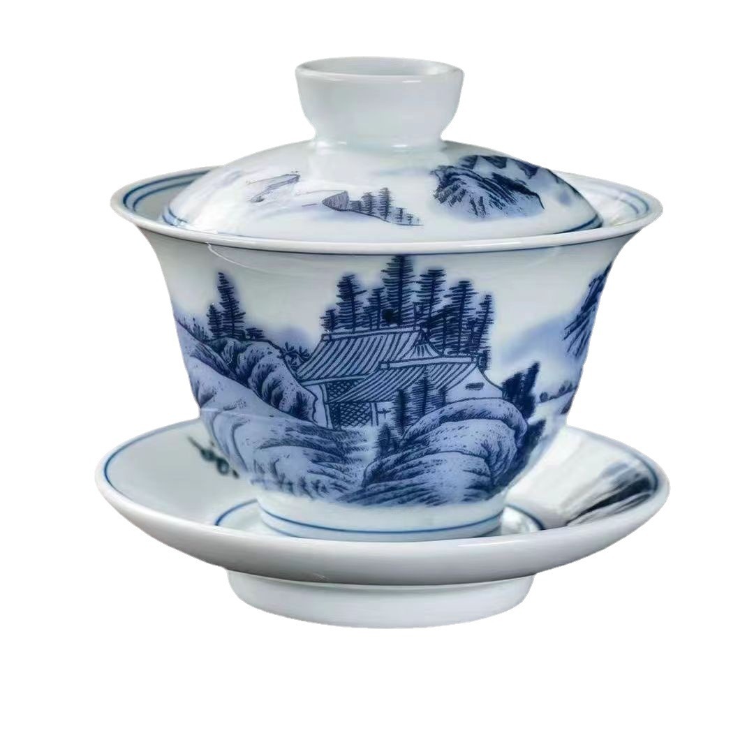 Bát Có Nắp gốm sứ Jingdezhen Bát Có Nắp sứ trắng xanh gia dụng Bát pha trà Bát có nắp tam tài cỡ lớn Cốc trà Kung Fu