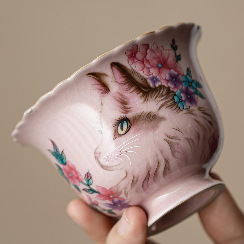 Bát có nắp gốm sứ hình mèo hồng cổ dụng dụng cụ pha trà có nắp tách trà bát pha trà hộp quà