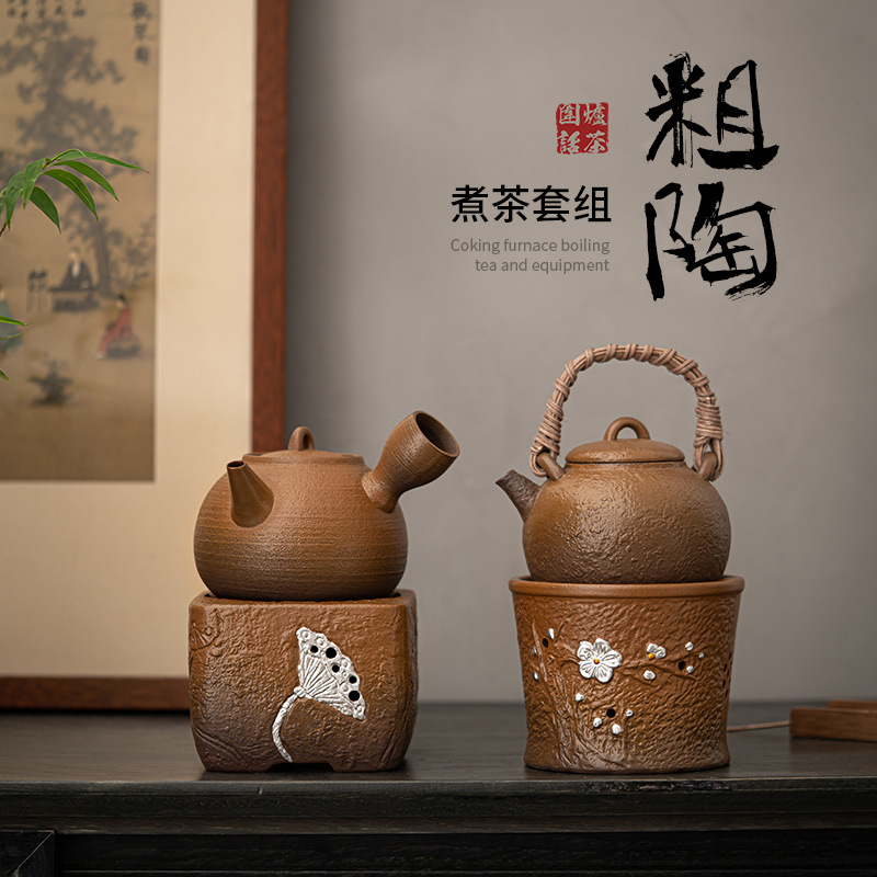 Ấm gốm thô, bếp than, bộ đồ nấu trà, cắm trại ngoài trời, bếp nấu trà, tay cầm bên, bếp than, bếp cồn