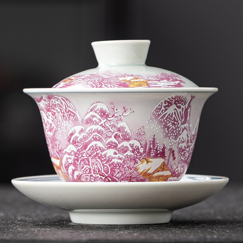 Bát trà đơn sứ trắng xanh cổ điển bát trà tam tài kính bát có nắp gốm sứ bộ trà Kung Fu gia dụng gốm sứ cỡ lớn