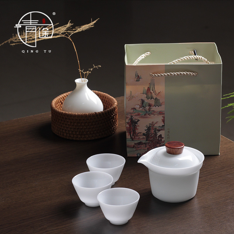 Bộ du lịch một nồi ba cốc ngoài trời di động Bộ cốc trà Kung Fu với cốc sứ đá quý nhanh.