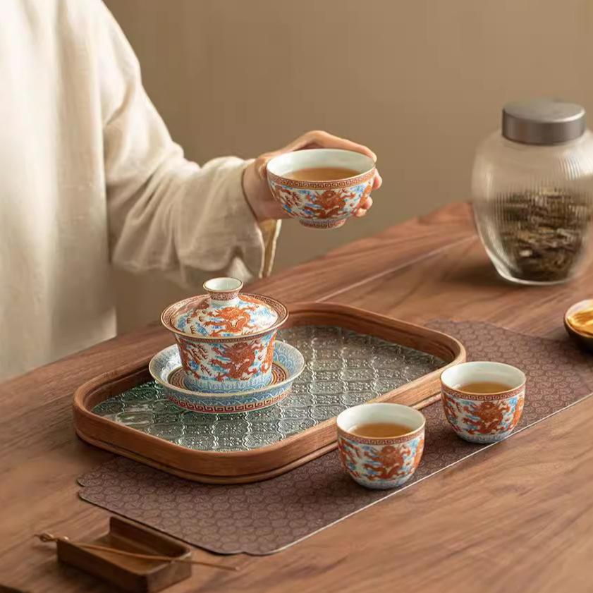 Dụng cụ pha trà bát có nắp ba tài hoa văn rồng Công Hồng dụng cụ pha trà dụng cụ pha trà công phu gốm sứ gia dụng
