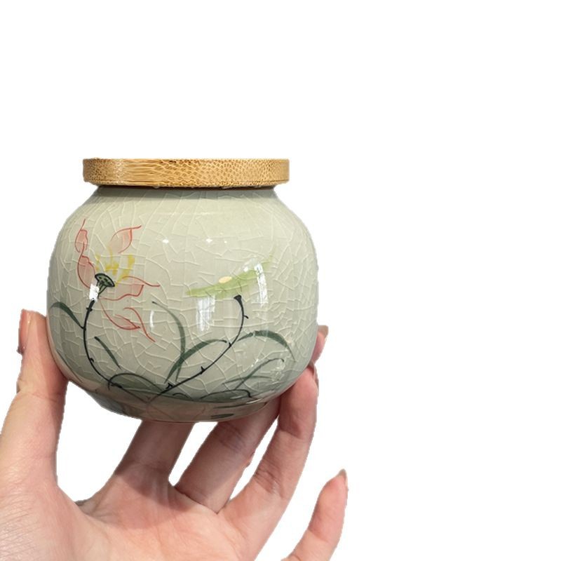 Jingzhe vẽ tay hoa sen nhỏ niêm phong bình trà men nứt băng bình bảo quản trà kiểu Trung Quốc mở nắp trúc ngăn trà chống ẩm