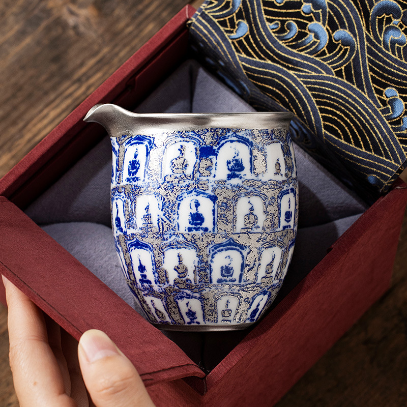 Bộ ấm chén công bằng ngàn phật mạ bạc xanh trắng, quà sinh nhật nam nữ lãnh đạo người lớn tuổi, quà tặng khách hàng