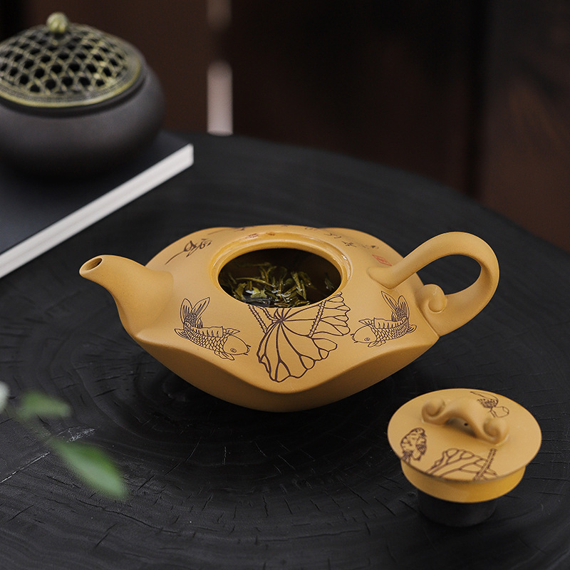 Ấm trà cát tím loại A, bộ trà, bình sen lá sen vàng cá tính, ấm trà cao cấp 350cc, hộp quà, ấm phượng