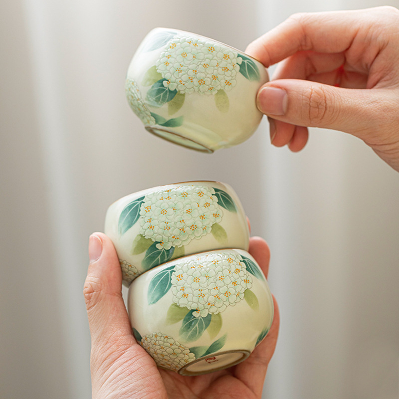 Cốc trà hoa cẩm tú cầu màu vàng be cốc chủ nhân cốc sứ Ru cốc đơn cá nhân gốm sứ Kung Fu cốc trà nhỏ cốc khách cốc nếm trà