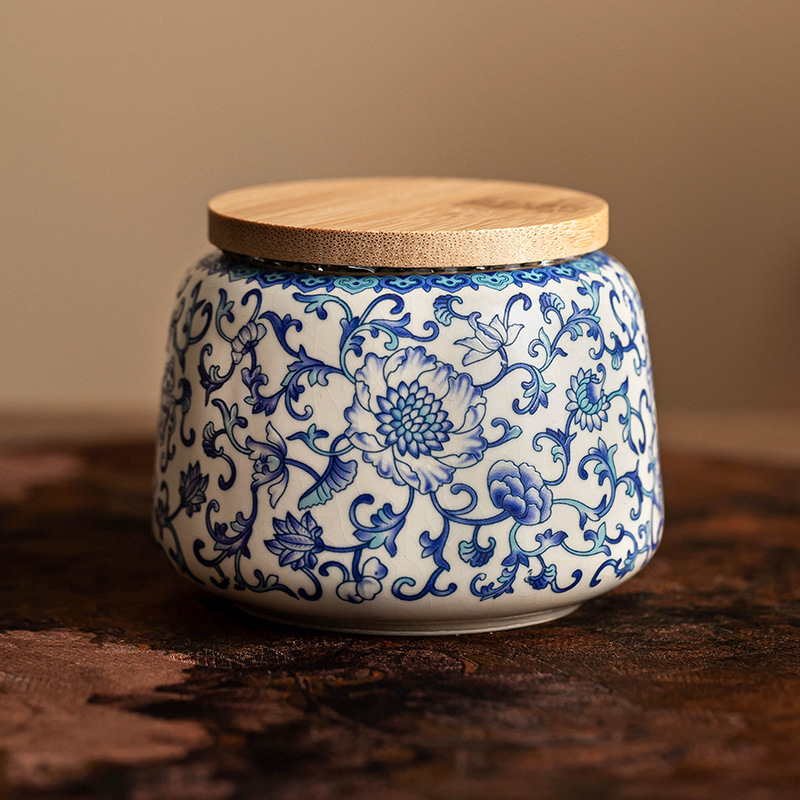 Bình đựng trà gốm sứ, bình đựng trà hoa sen xanh trắng ở lò cảm giác cao cấp, bình kín chống ẩm, bình đựng trà kiểu Trung Quốc