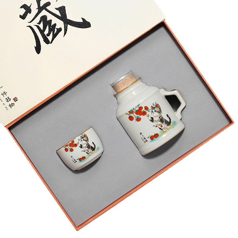 Cốc cốc ấm mèo dễ thương dưới hồng Ru Kiln cốc pha trà cao cấp văn phòng gia dụng có nắp cốc nước sáng tạo