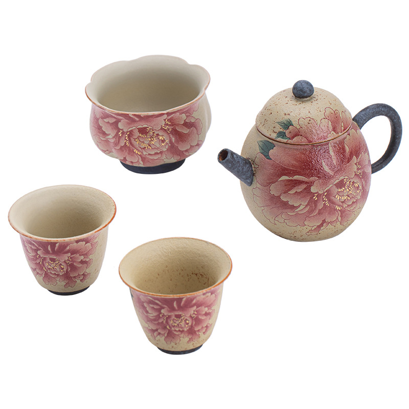 Bộ ấm chén trà đen đá lửa xanh trắng dùng trong nhà, kiểu cổ điển một ấm ba chén Kung Fu, quà lưu niệm tặng người lớn tuổi và khách hàng