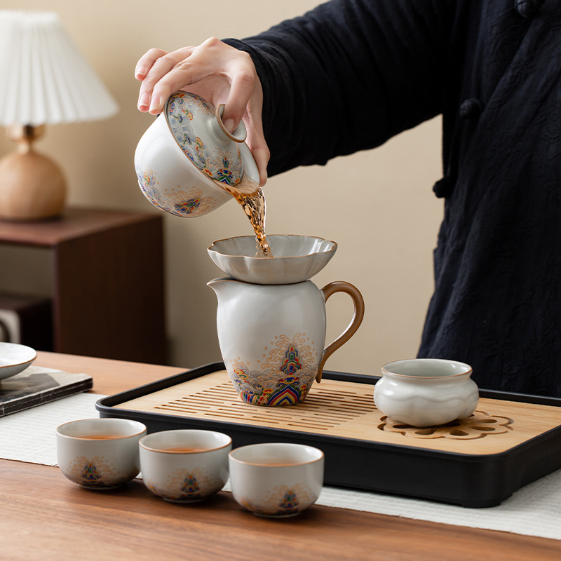 Bộ ấm trà du lịch Ru Kiln cốc trà kungfu gia dụng uống trà cầm tay ngoài trời ấm pha trà bát nắp kiểu mới 2025