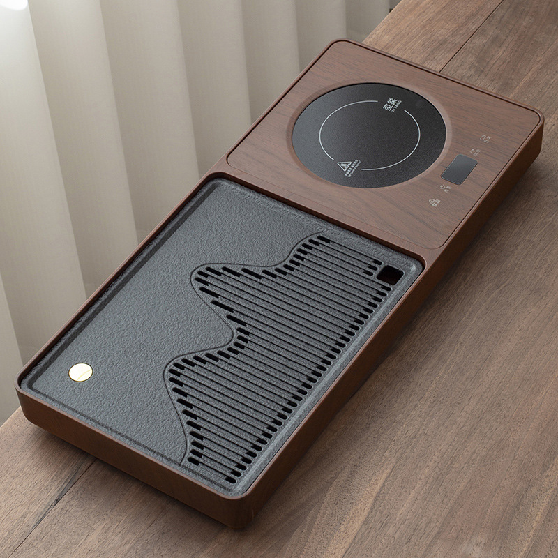 Khay trà tự động nhỏ tích hợp tự động cao cấp màu quả óc chó, máy đun trà, ấm đun nước, loại thoát nước gia đình