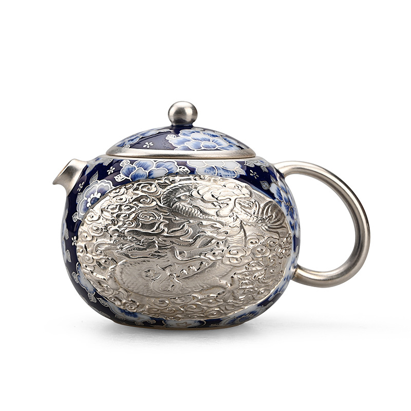 He Fusen Pure Silver Pot Longfeng XiShi Ấm trà trắng xanh nổi thủ công Bộ trà Kung Fu mạ bạc Ấm pha trà gia dụng
