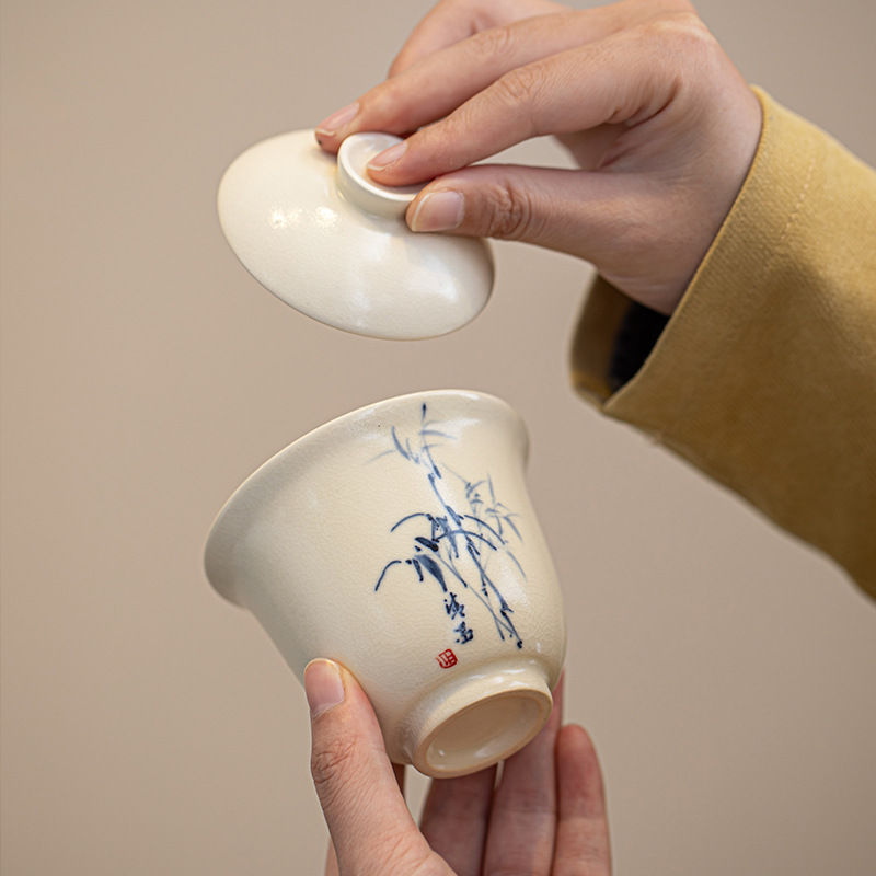 Soda tráng men hai nắp bát pha trà tre vẽ tay dụng cụ pha trà Kung Fu gia dụng bát trà sứ trắng không nóng tay