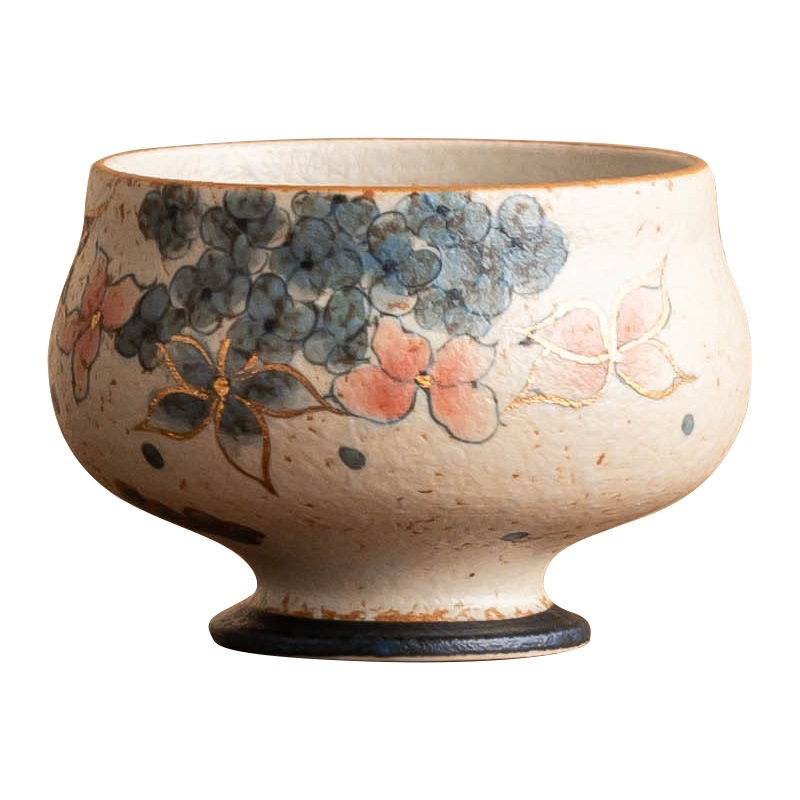 Cốc trà đen đá lửa trắng xanh, hoa cẩm tú cầu vàng, cốc tròn chân cao cấp, cốc chủ nhân cao cấp, cốc trà, cốc đơn