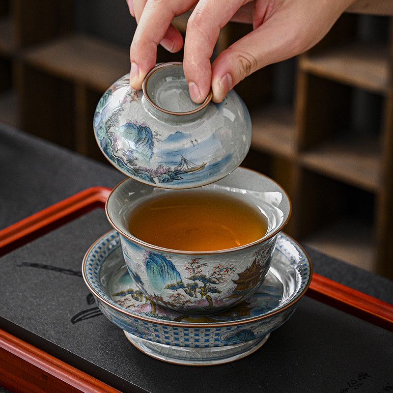 Bộ bát có nắp ba tài bằng sứ trắng xanh Jingdezhen bộ trà Kung Fu cao cấp bộ bát pha trà bộ ba món chống bỏng bán buôn