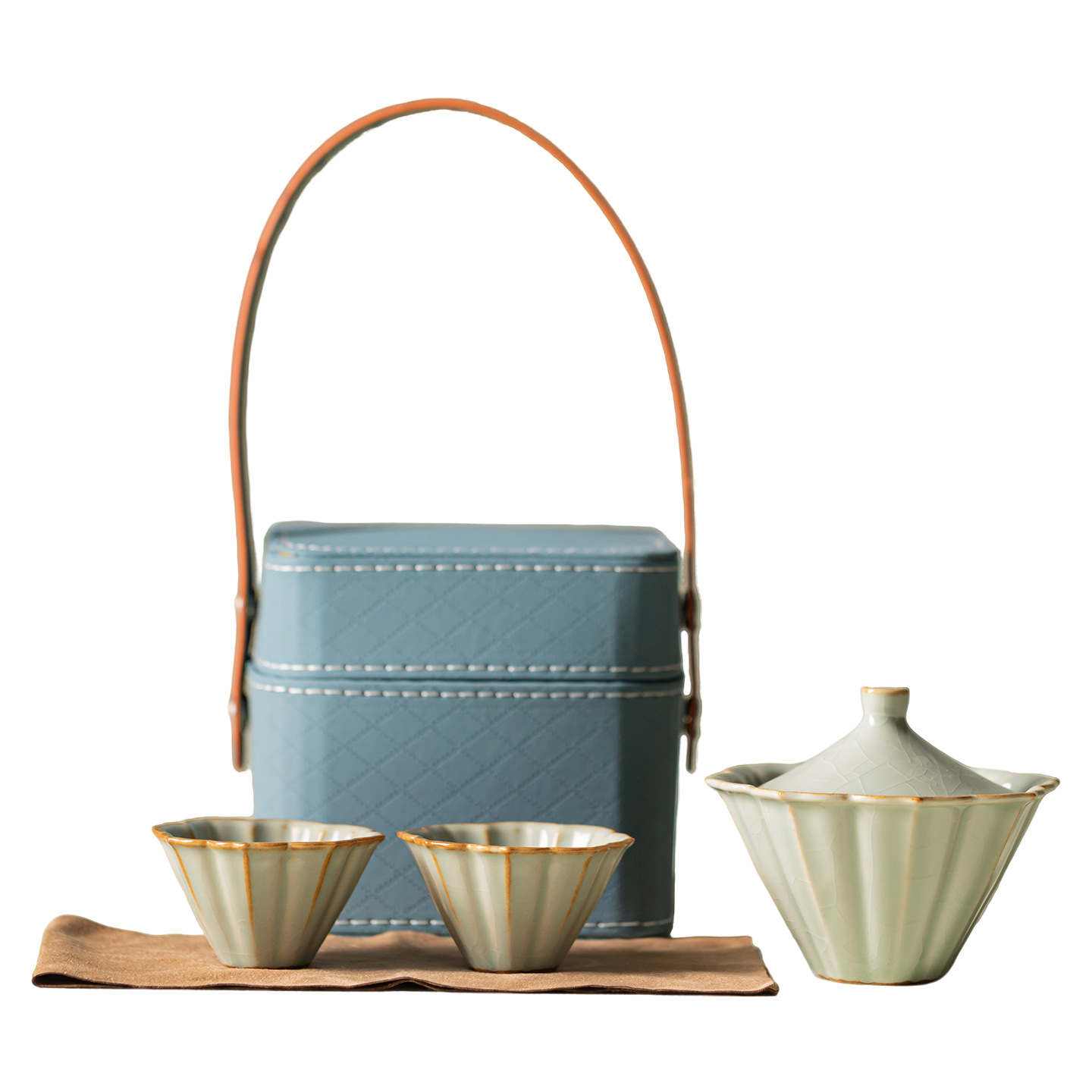 Bộ ấm chén gốm sứ Ru Kiln Petal Hat Quick Cup, dùng được ở nhà, ngoài trời, du lịch, một ấm hai chén, có thể mở nắp