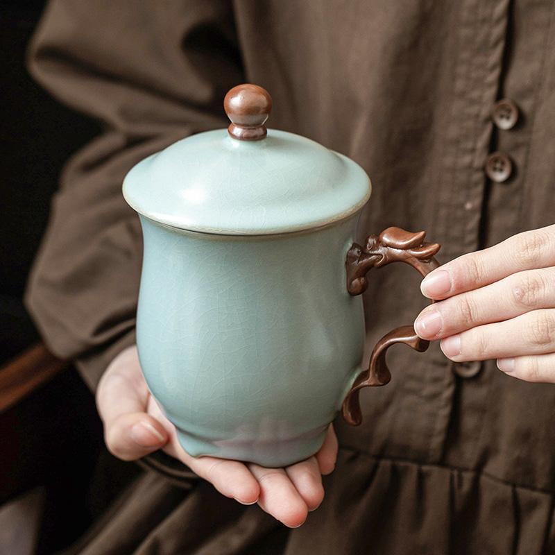 Cốc mug lò Tianqing Ru có nắp cốc văn phòng rồng màu lục lam cốc gia dụng cốc uống trà cốc nước sang trọng cốc sứ