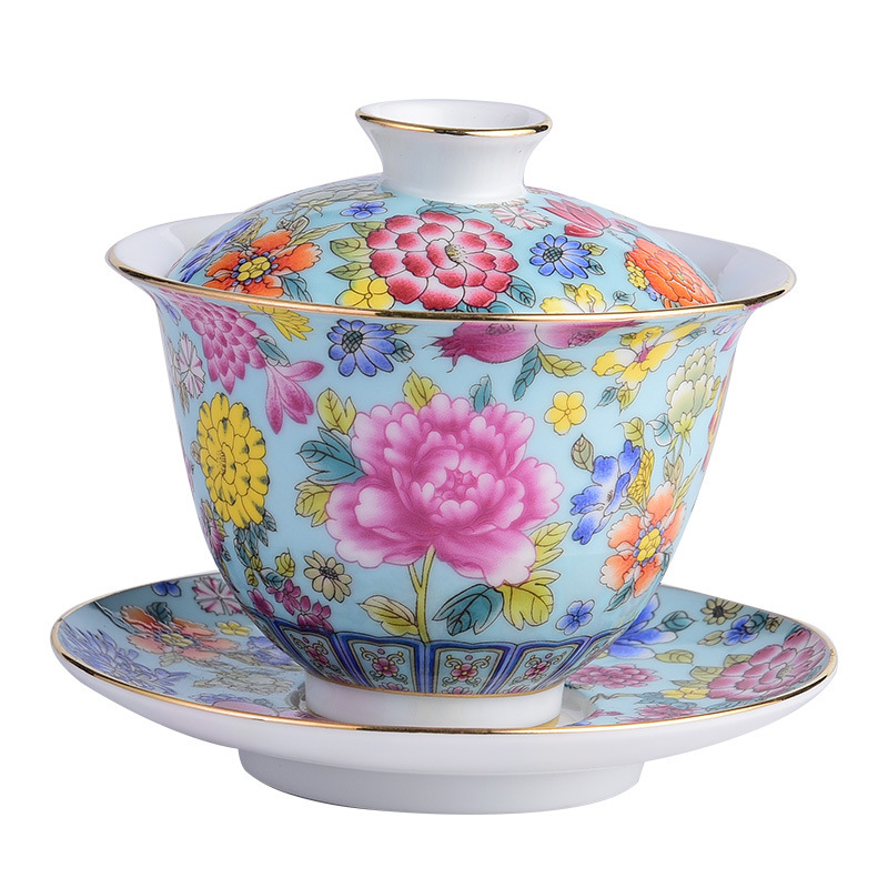 Cốc trà bát có nắp tam tài tráng men đơn gốm sứ Jingdezhen bộ trà bát trà bộ bán buôn gia dụng