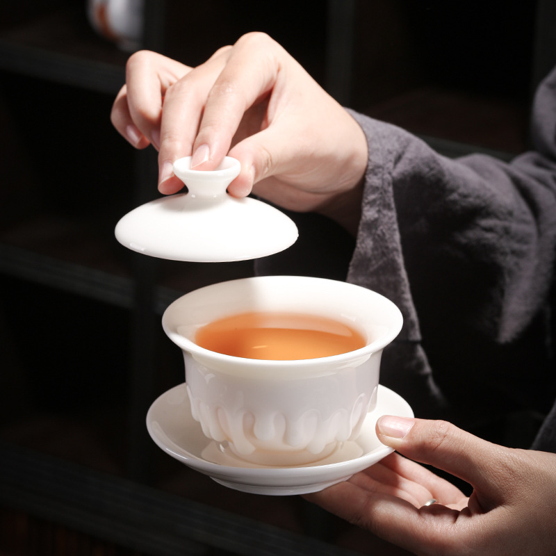 Bát sứ ngọc bích cao cấp thủ công của bậc thầy Xu Fukun, bát phủ ba tài, bộ trà gốm kung fu, bát trà lớn gia đình